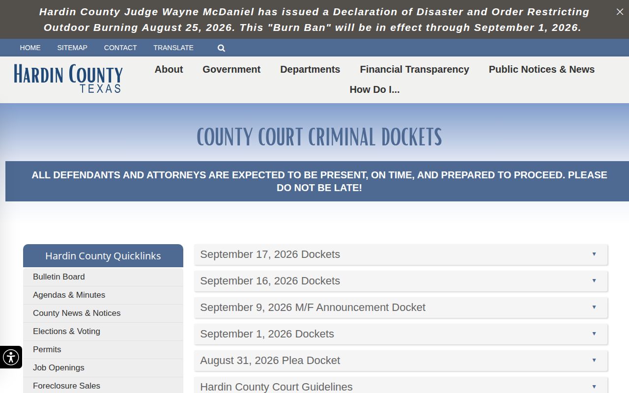 Hardin County Court official page for post-booking criminal case and disposition routing