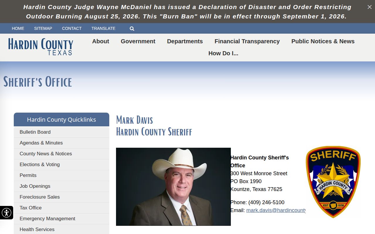 Hardin County Sheriff official contact page used for warrant and wanted-status verification