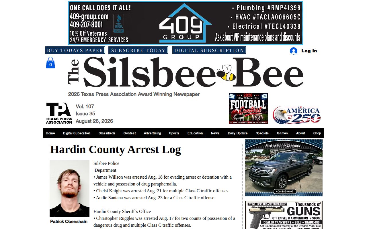Silsbee Bee Hardin County Arrest Log showing the local issue-based news source
